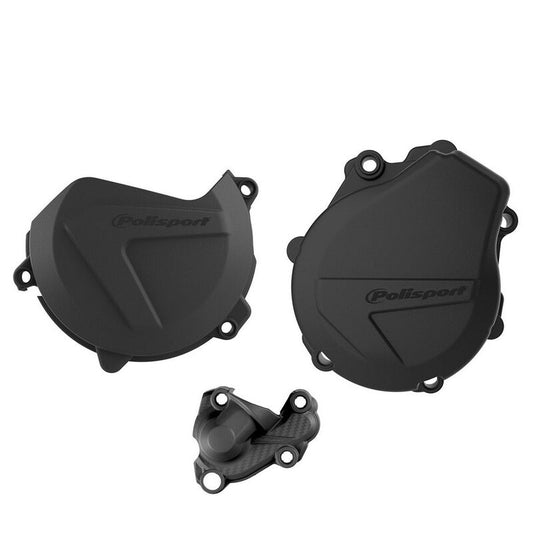 Polisport KTM Husqvarna Clutch, Ignition & Water pump Cover Protector Kit EXCF XCFW FE 450 500 501 2017 - 2023, Black - motocross4u
